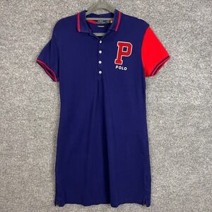 Polo Ralph Lauren The Mesh‎ Mini Dress Women's M Blue Red Letter Patch